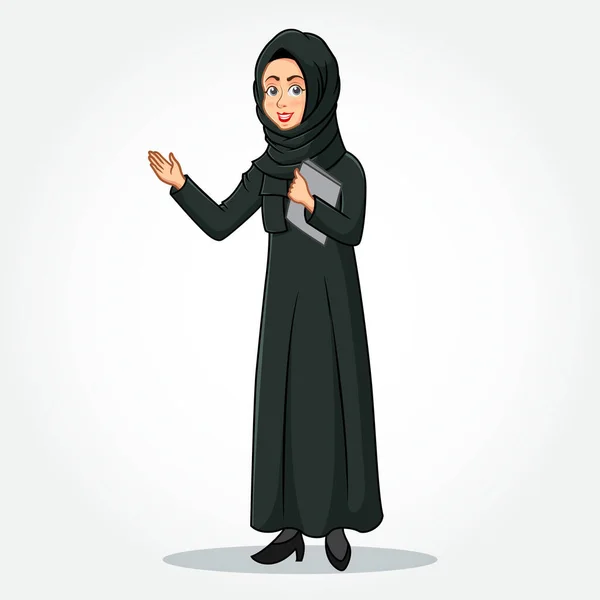 Arabic Businesswoman Cartoon Character Traditional Clothes Holding Clipboard Welcoming Hands — Stock Vector