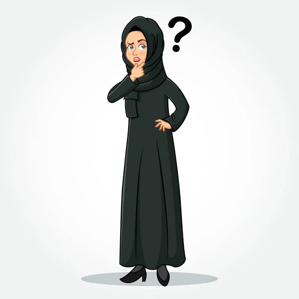 Arabian Businesswoman Γελοιογραφία Χαρακτήρας Παραδοσιακά Ρούχα Σκέψης Ερωτηματικό Εικονίδιο Απομονώνονται — Διανυσματικό Αρχείο