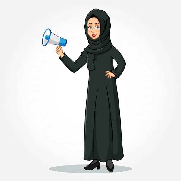 Arab Businesswoman Kartun Karakter Dalam Pakaian Tradisional Memegang Megafon Terisolasi - Stok Vektor