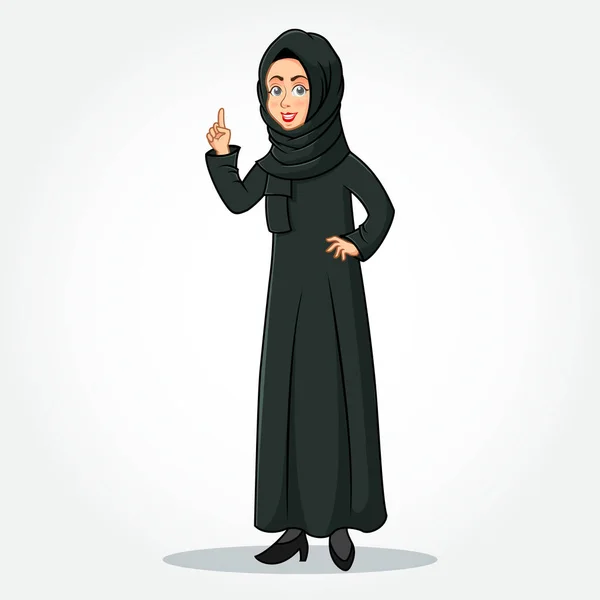 Arabic Businesswoman Γελοιογραφία Χαρακτήρας Παραδοσιακά Ρούχα Δείχνει Μέχρι Δείκτη Χειρονομία — Διανυσματικό Αρχείο