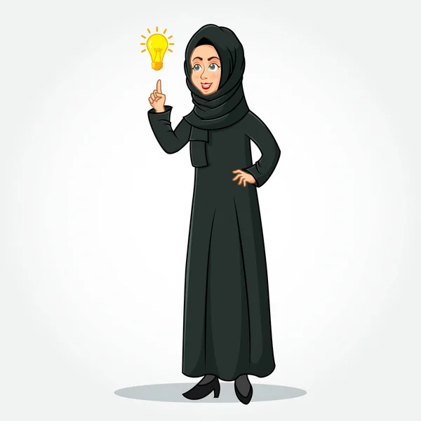 阿拉伯女商人卡通人物在传统服装中指出 明亮的理念灯泡是一个想法的象征 在白色背景下隔离 — 图库矢量图片