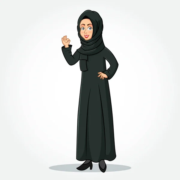 Arabe Businesswoman Personnage Bande Dessinée Dans Les Vêtements Traditionnels Montrant — Image vectorielle