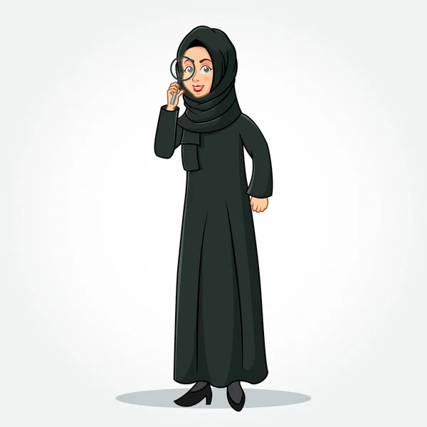 Arab Üzletasszony Karikatúra Karakter Hagyományos Ruhák Gazdaság Nagyító Elszigetelt Fehér — Stock Vector