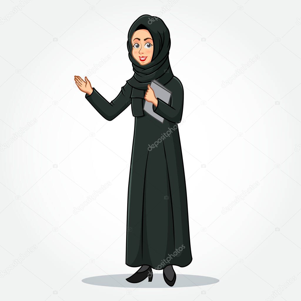 Arabic Businesswoman cartoon Character in traditional clothes Holding a  clipboard with Welcoming Hands isolated on white background