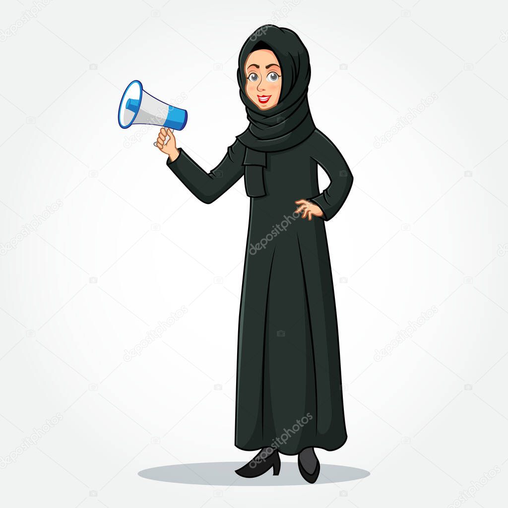 Arabic Businesswoman cartoon Character in traditional clothes holding a  megaphone isolated on white background