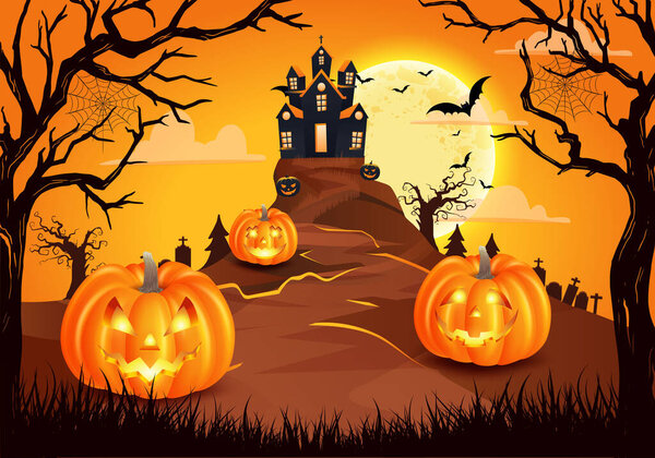 happy halloween background with scary pumpkins with spooky castle, flying bats and full moon. vector illustration for happy halloween card, flyer, banner and poster