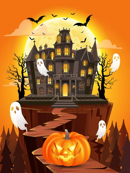 Fondo Feliz Halloween Con Calabaza Fantasmas Voladores Casa Embrujada Luna — Vector de stock