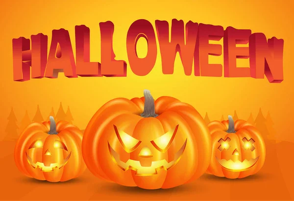 Fröhlicher Halloween Hintergrund Mit Kürbissen Und Halloween Typografie Auf Orangefarbenem — Stockvektor