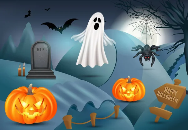 Feliz Halloween Fondo Con Calabaza Fantasma Lápida Araña Vector Ilustración — Vector de stock