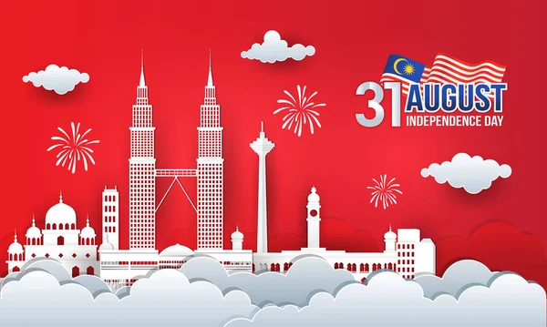 Ilustração Vetorial Celebração Dia Independência Malásia Agosto Com Horizonte Cidade —  Vetores de Stock