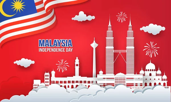 Ilustração Vetorial Anos Malásia Independência Celebração Dia Com Skyline Cidade —  Vetores de Stock