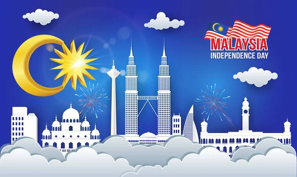 Vector Illustration 60Th Malaysia Independence Day Celebration City Skyline Malaysia — Stock Vector