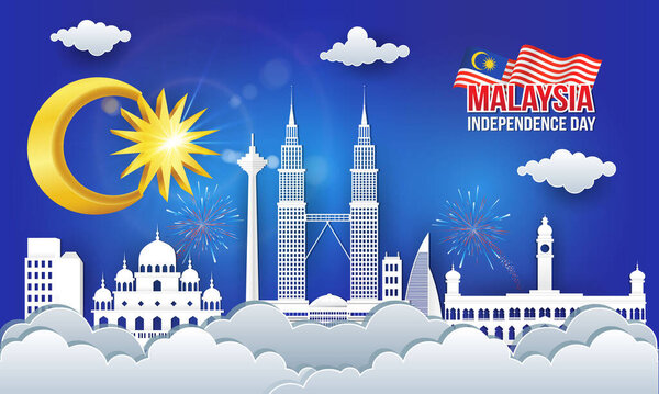 Векторная иллюстрация празднования 60-летия независимости Малайзии с городским горизонтом, флаг Малайзии в стиле вырезания бумаги