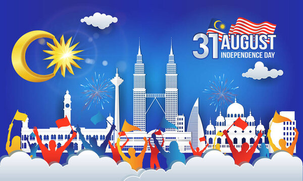 31 августа. Векторная иллюстрация празднования Дня Независимости Малайзии с городским горизонтом, флагом Малайзии и толпой людей в стиле покроя бумаги и цифрового ремесла