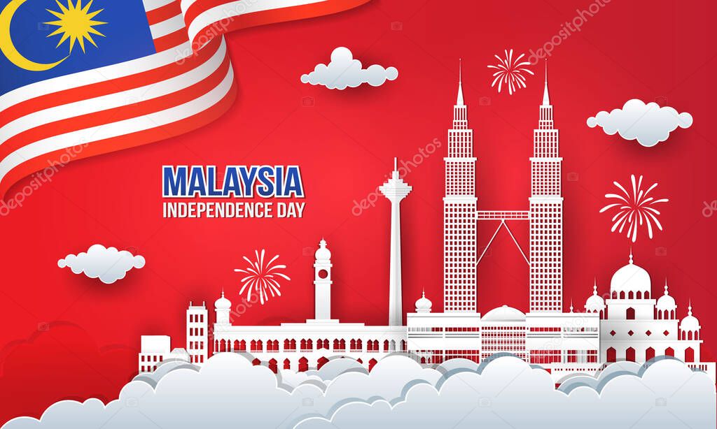 Vector illustration of 60 years malaysia Independence Day celebration with city skyline, malaysia flag and fireworks in paper cut and digital craft style