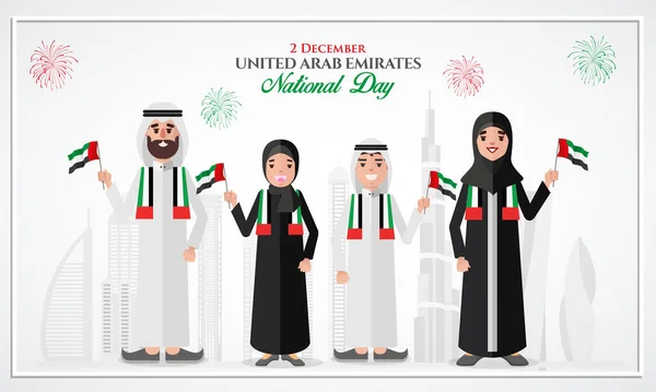 Vae Nationale Dag Wenskaart Cartoon Emirati Familie Met Vae Nationale — Stockvector