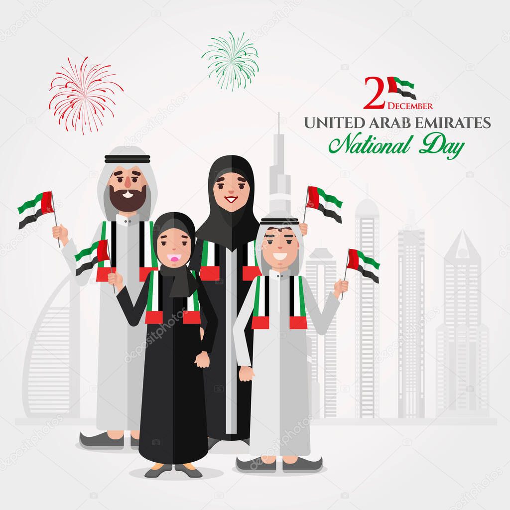 UAE national Day greeting card. Cartoon Emirati family holding UAE national flag celebrating United Arab Emirates National Day. vector illustration for banner, flyer and poster