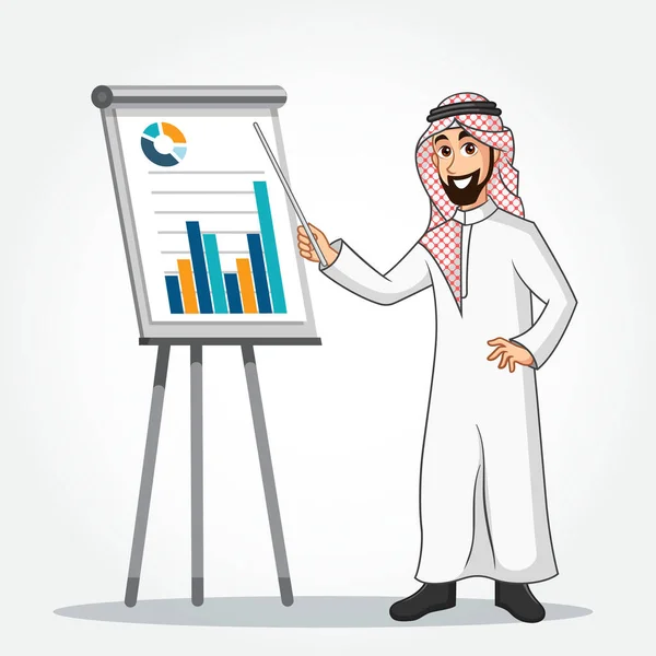 Arabic Businessman Cartoon Character Traditional Clothes Doing Presentation Isolated White — Stock Vector