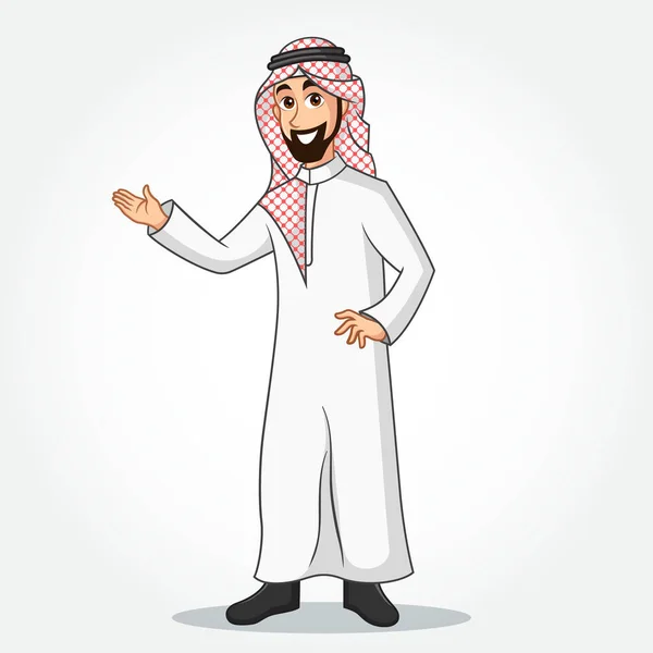 Personaje Dibujos Animados Árabe Hombre Negocios Ropa Tradicional Con Manos — Vector de stock