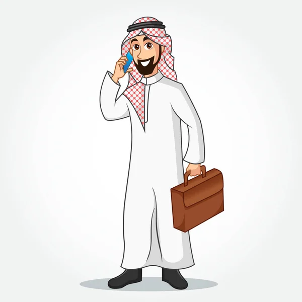 Arabische Geschäftsmann Cartoon Figur Traditioneller Kleidung Spricht Auf Smartphone Und — Stockvektor