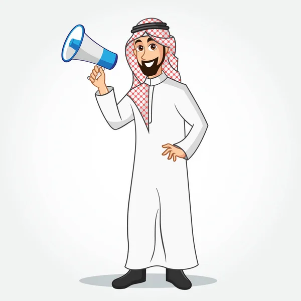 Árabe Empresário Desenho Animado Personagem Roupas Tradicionais Segurando Megafone Isolado —  Vetores de Stock