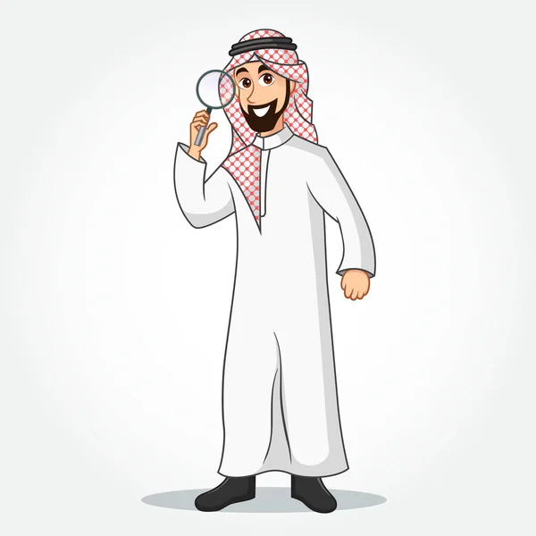 アラビアのビジネスマン漫画白い背景に隔離された虫眼鏡を保持している伝統的な服のキャラクター — ストックベクタ