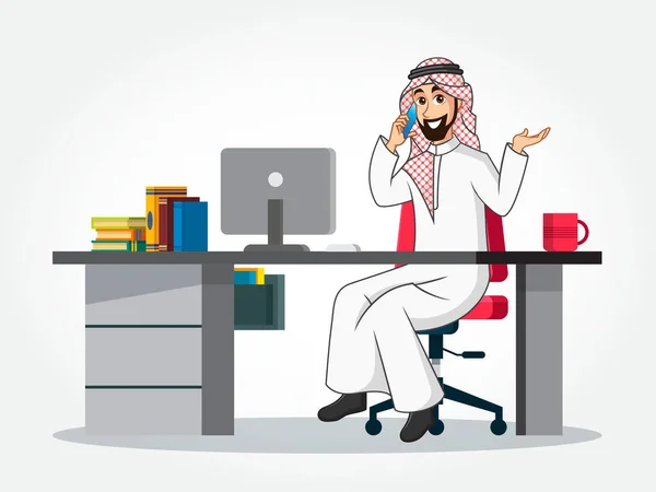 Arabischer Geschäftsmann Traditioneller Kleidung Sitzt Seinem Schreibtisch Spricht Auf Dem — Stockvektor
