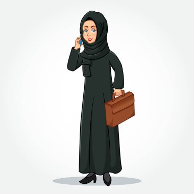 Arap iş kadını çizgi film karakteri. Geleneksel kıyafetlerle akıllı telefondan konuşuyor ve beyaz arka planda izole edilmiş bir evrak çantası tutuyor.