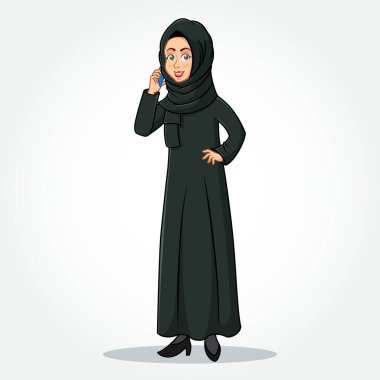 Arap iş kadını çizgi film karakteri geleneksel giysiler içinde cep telefonuyla konuşuyor ve izole edilmiş beyaz arka plana karşı duruyor