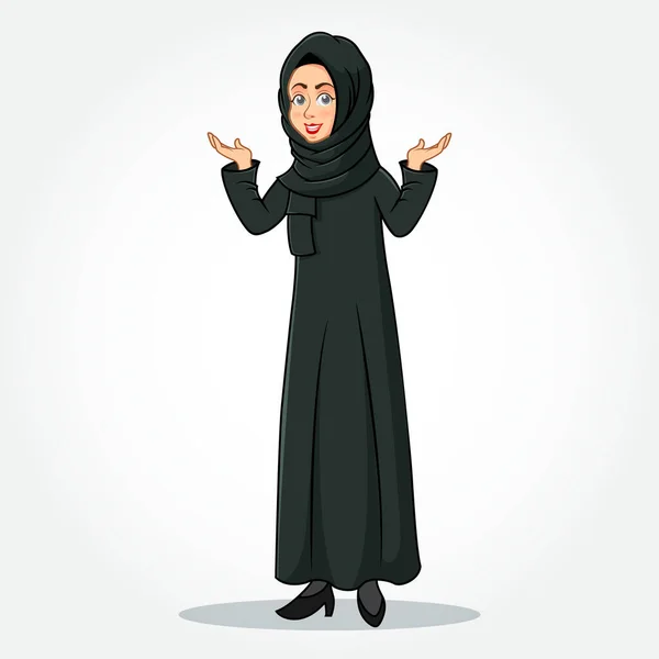 传统服装中的阿拉伯女商人卡通人物将她的手伸向侧面 展示或呈现一些东西 在白色背景下隔离 — 图库矢量图片