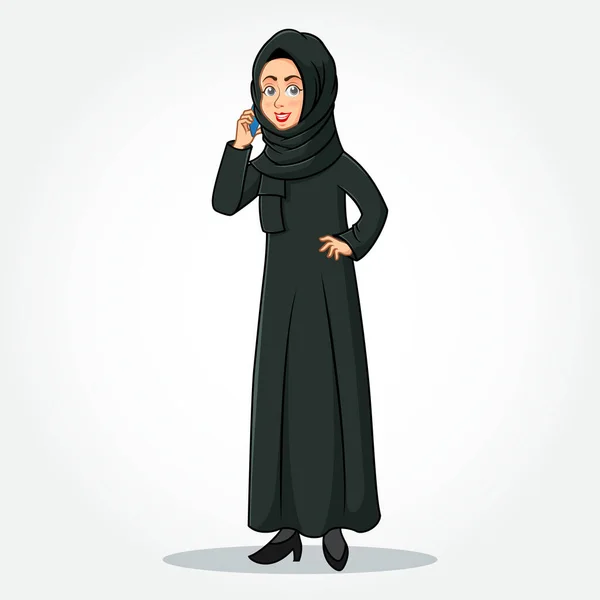 穿着传统服装的阿拉伯女商人卡通人物在手机上交谈 站在孤立的白色背景下 — 图库矢量图片