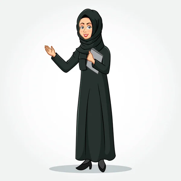 Arabe Businesswoman Personnage Dessin Animé Dans Les Vêtements Traditionnels Tenant — Image vectorielle