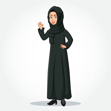 Arap iş kadını çizgi film karakteri geleneksel giysiler içinde tamam / tamam işareti gösteren el işareti beyaz arka grubunda izole edilmiş.