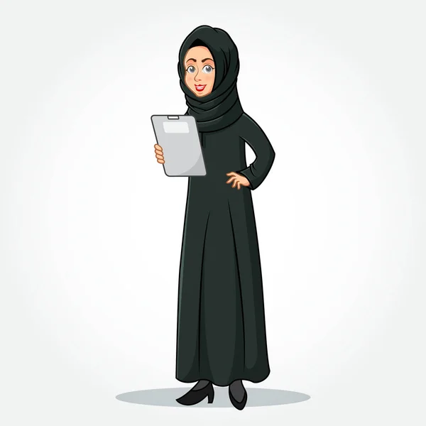 阿拉伯女商人卡通人物 穿着传统服装 拿着一块白色背景的剪贴板 — 图库矢量图片
