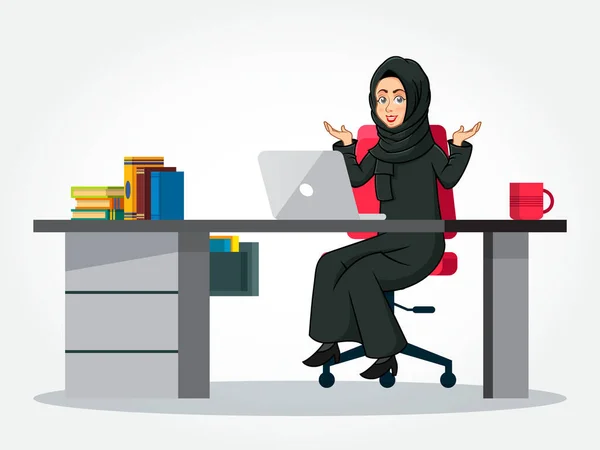 Árabe Empresária Desenho Animado Personagem Roupas Tradicionais Sentado Sua Mesa —  Vetores de Stock