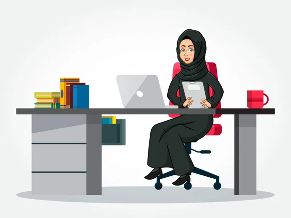 Empresária Árabe Desenho Animado Personagem Roupas Tradicionais Sentado Sua Mesa —  Vetores de Stock