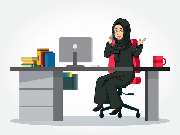 Árabe Empresária Desenho Animado Personagem Roupas Tradicionais Sentado Sua Mesa —  Vetores de Stock