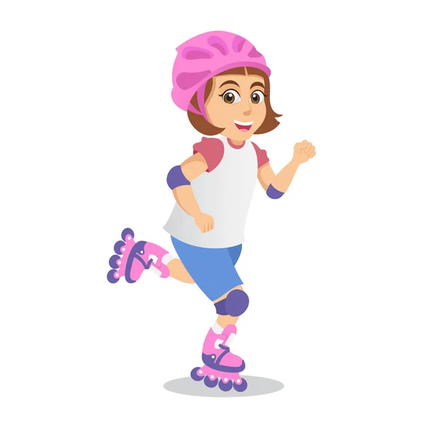 Cute Cartoon Little Girl Roller Blading Isolated White Backgroun — Stock Vector