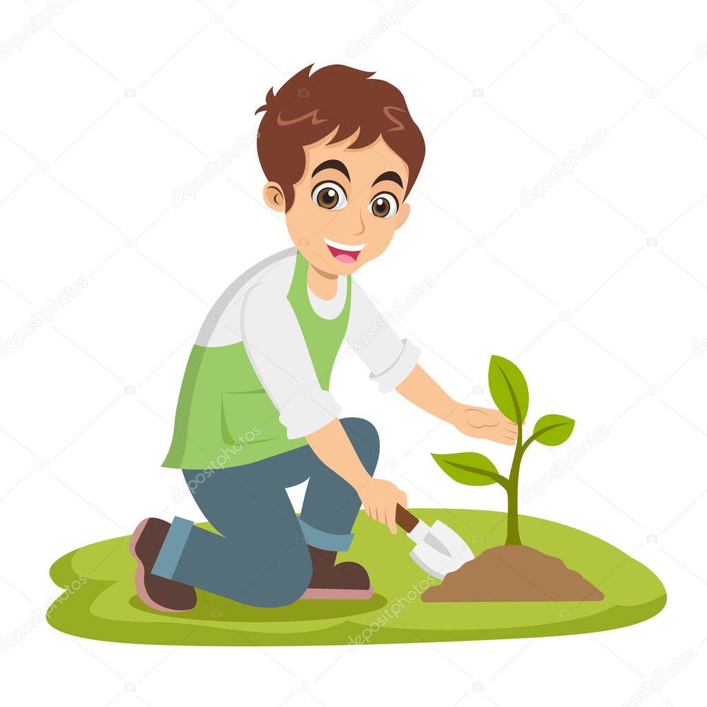 Cute cartoon little boy plant a tree isolated on white background