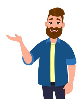 Adam sunan el hareketi. İşadamı sunan boşaltmak izole. Bir şeyler gösteriyor sunum.