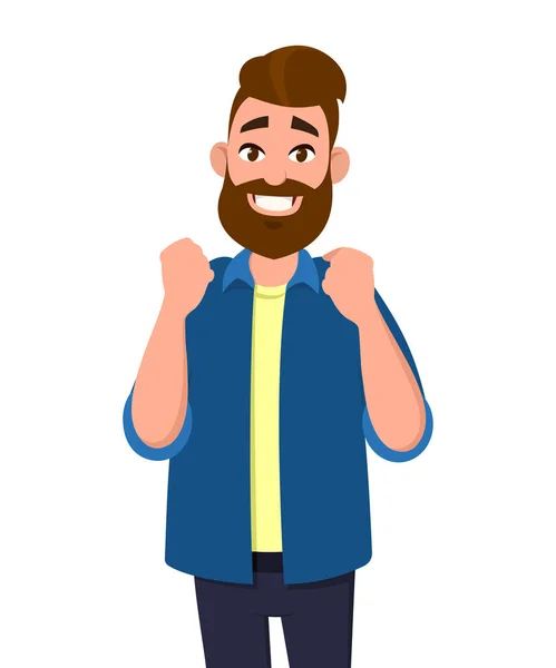 Hombre Feliz Está Mostrando Éxito Gesto Victoria Concepto Ilustración Vectorial — Vector de stock