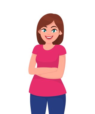 Akıllı rahat kıyafet geçti silah tutmak kendinden emin ve güzel genç kadın ve gülümseyerek. Genç gülümseyen kadın portresi. Kadın elleri katlanmış.