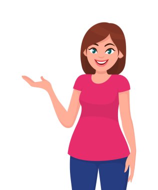 Bir şey göstermek için el gösterilen genç kadın. Vektör çizim karikatür tarzı.