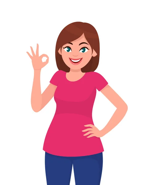 Happy Young Woman Showing Sign Gesture Fingers — Stock Vector
