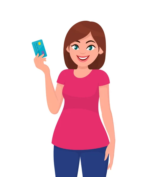 Mujer Joven Sosteniendo Mostrando Tarjeta Crédito Carro Débito Concepto Bancario — Vector de stock