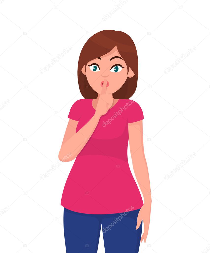 Cute woman asking silence. Silence please. Keep quiet. Woman closed her mouth with finger.  Woman holding her forefinger on lips showing hush silence sign.