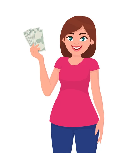 Young Woman Holding Cash Currency Money Hand Vector Illustration Cartoon — Stock Vector