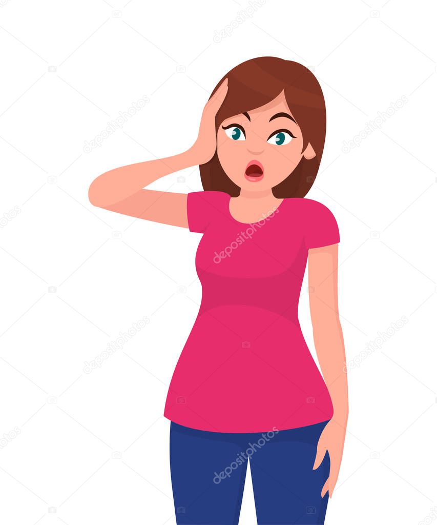 Young woman scared face expression with her hands on the head. Vector illustration in cartoon style.