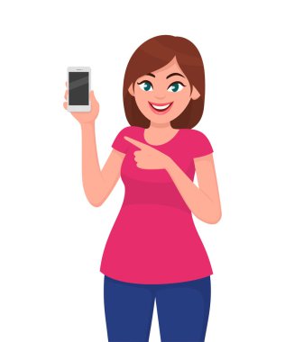 Smartphone gösterilen ve bu doğru işaret eden sevimli genç kadın. Vektör çizim karikatür tarzı.