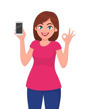 Smartphone ve Tamam gösteren şirin genç kadın / Ok işareti. Vektör çizim karikatür tarzı.